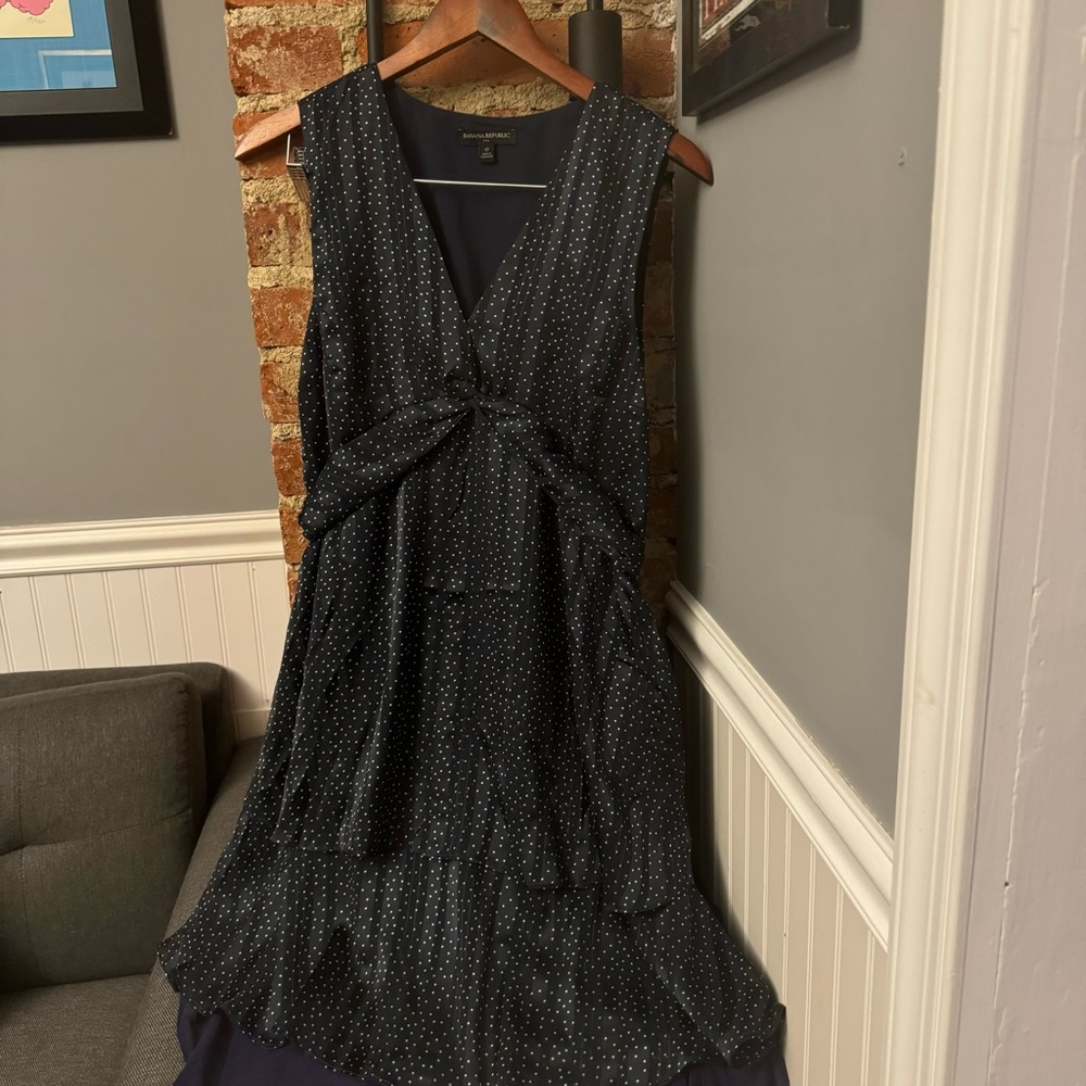 Banana Republic Navy Sleeveless Polka Dot Fit & Flare Tiered Dress Size 12